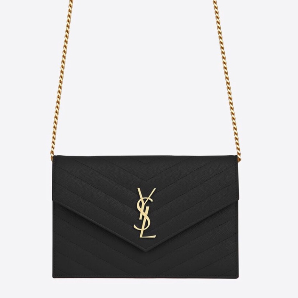 YVES SAINT LAURENT ENVELOPE CHAIN WALLET IN GRAIN DE POUDRE EMBOSSED LEATHER